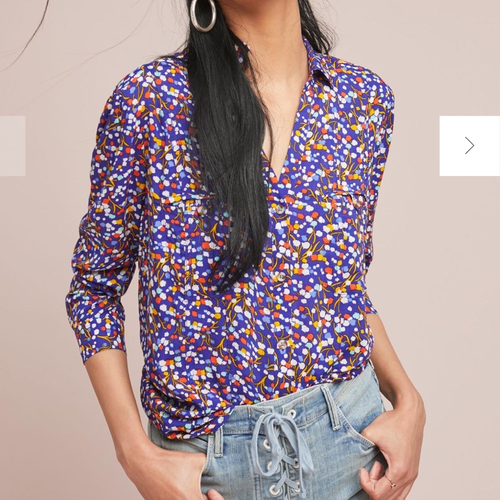 Conversations by Anthropologie Blue Flower Colloquial Button Down Shirt Size 8
